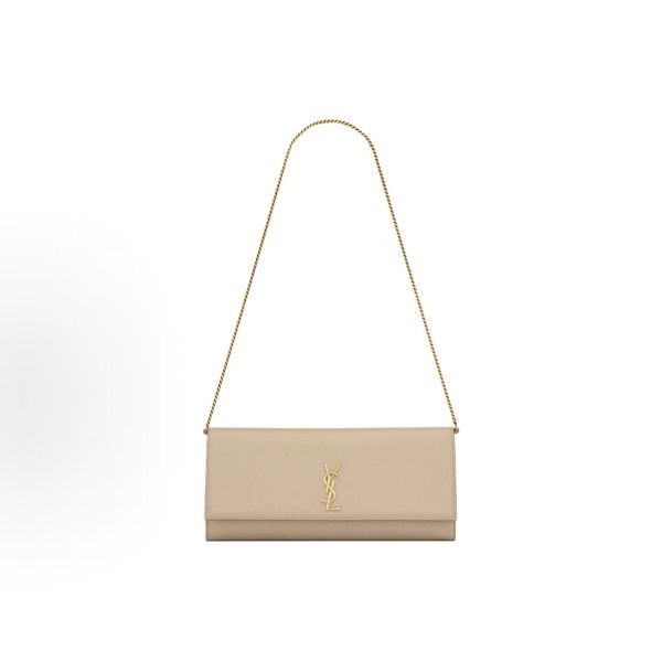 SAINT LAURENT YSL KATE GRAIN DE POUDRE Gold metal-finished chain shoulder bag for women in beige